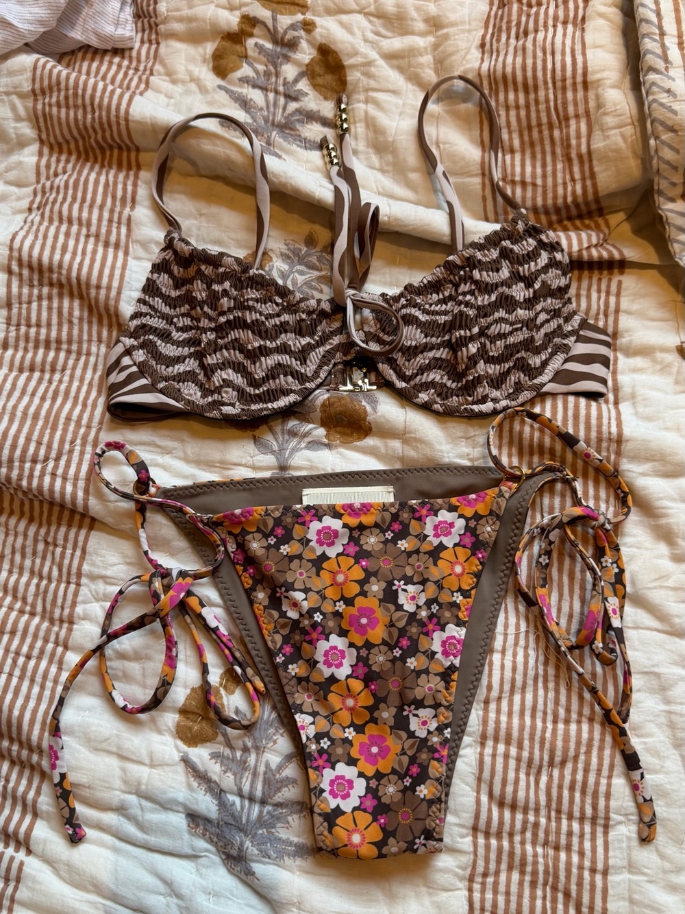 NWOT Palm Swimwear Mixed Pattern Brown Zebra Floral String Bikini Set
